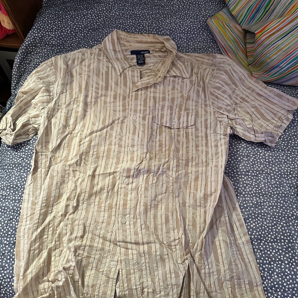 Basic Editions Men's Beige Striped Button-Down Shirt